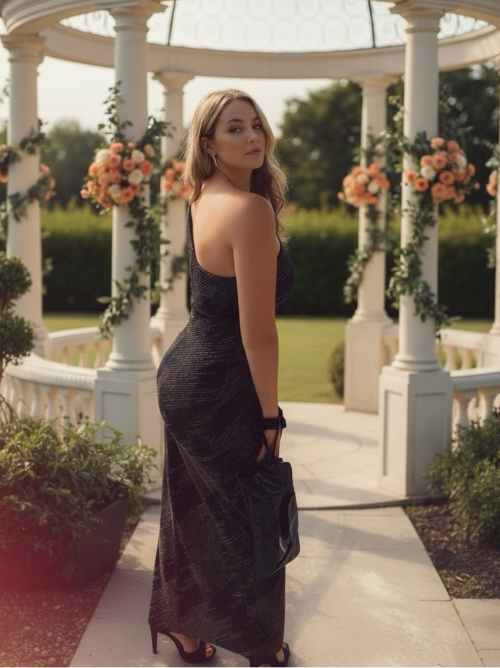 Vintage Fairweather One Shoulder Maxi Dress Black & Gold Size 2